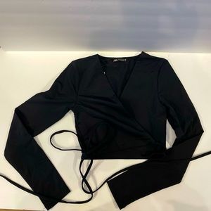 Zara black lycra long sleeve crop wrap top